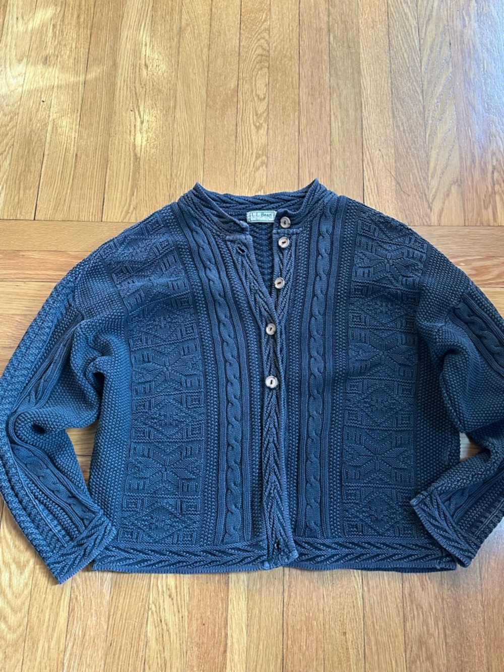 L.L. Bean Women's Navy Cable Knit Button-Front Sweater weathered nautical preppy